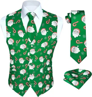 HISDERN Men's Suit Vest Christmas Holiday Season Party Jacquard Waistcoats Necktie Pocket Square Vest Suit Set