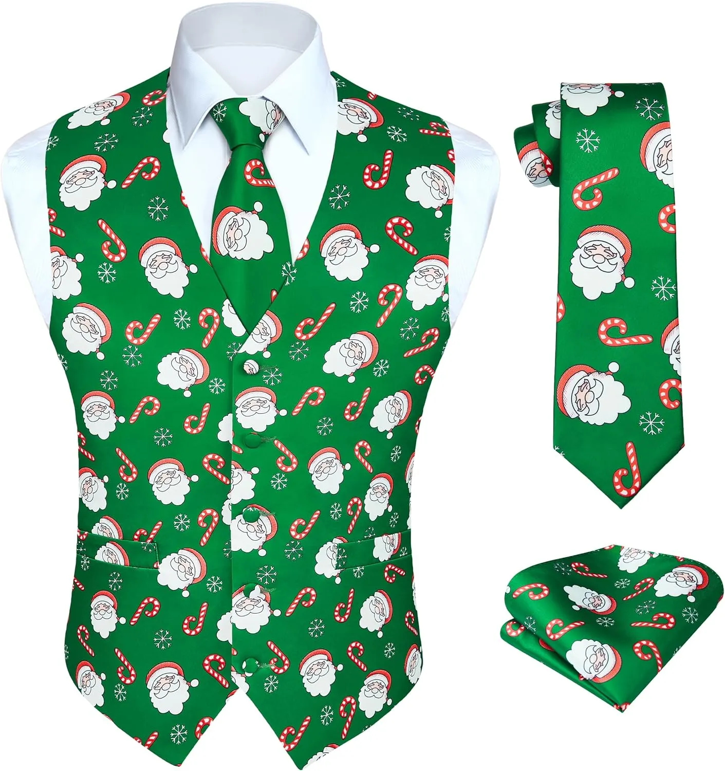 HISDERN Men's Suit Vest Christmas Holiday Season Party Jacquard Waistcoats Necktie Pocket Square Vest Suit Set