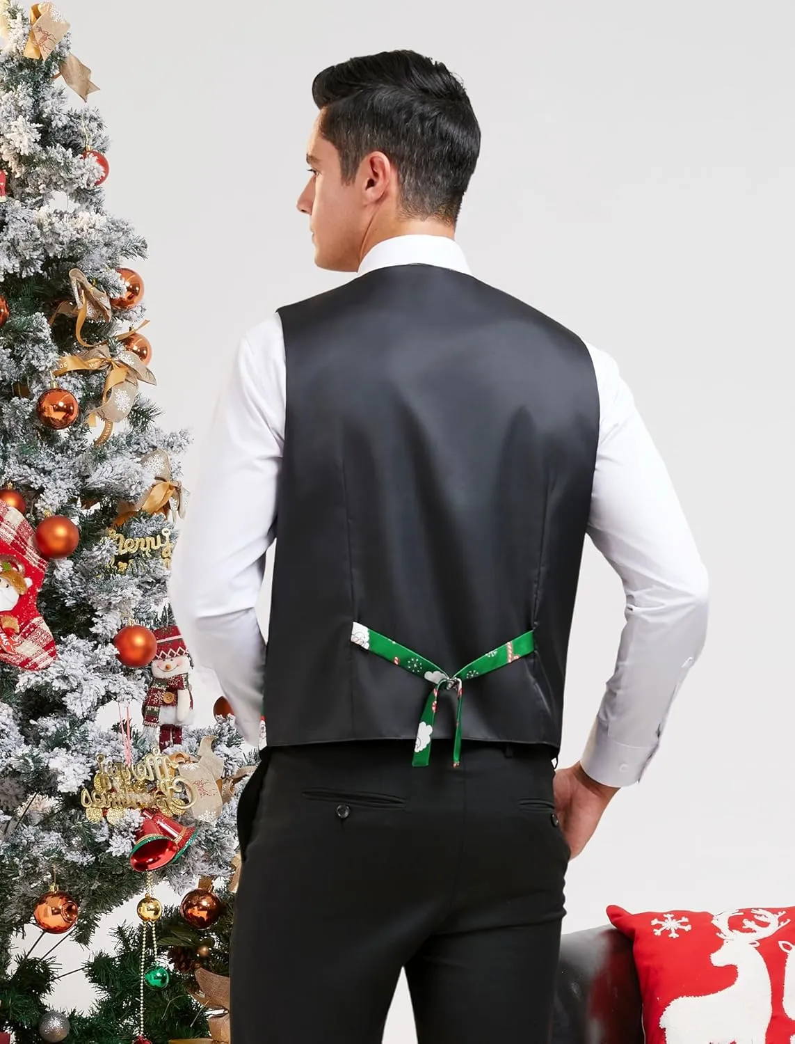 HISDERN Men's Suit Vest Christmas Holiday Season Party Jacquard Waistcoats Necktie Pocket Square Vest Suit Set