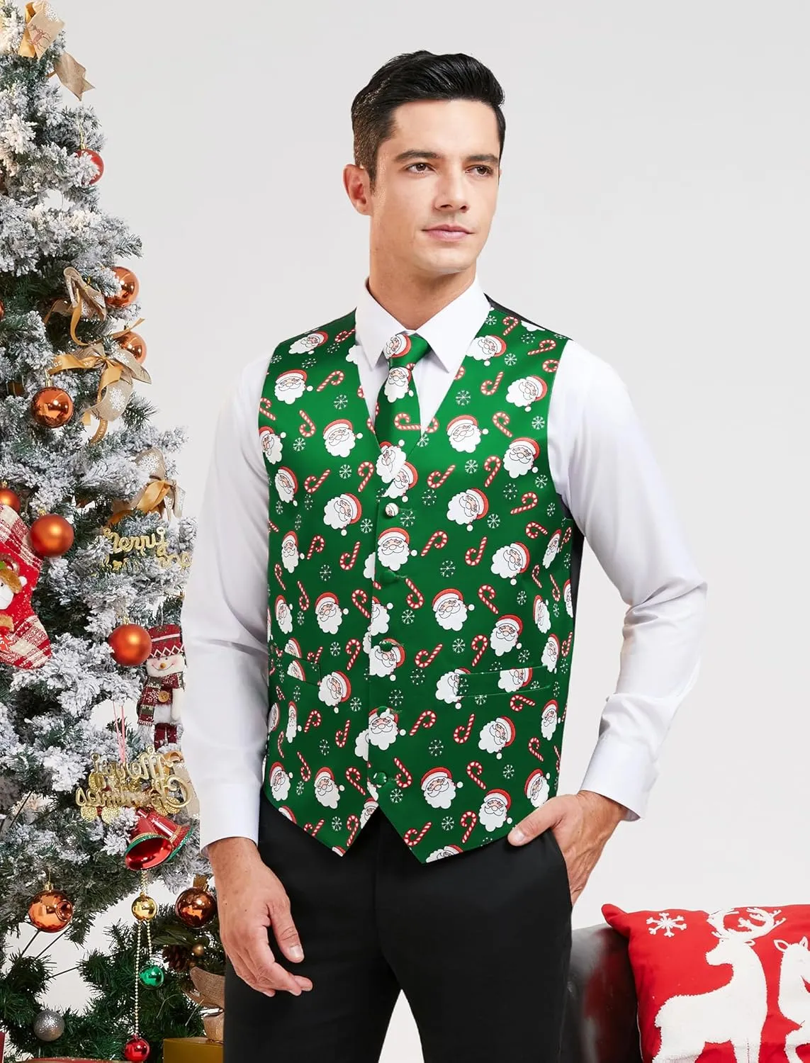HISDERN Men's Suit Vest Christmas Holiday Season Party Jacquard Waistcoats Necktie Pocket Square Vest Suit Set