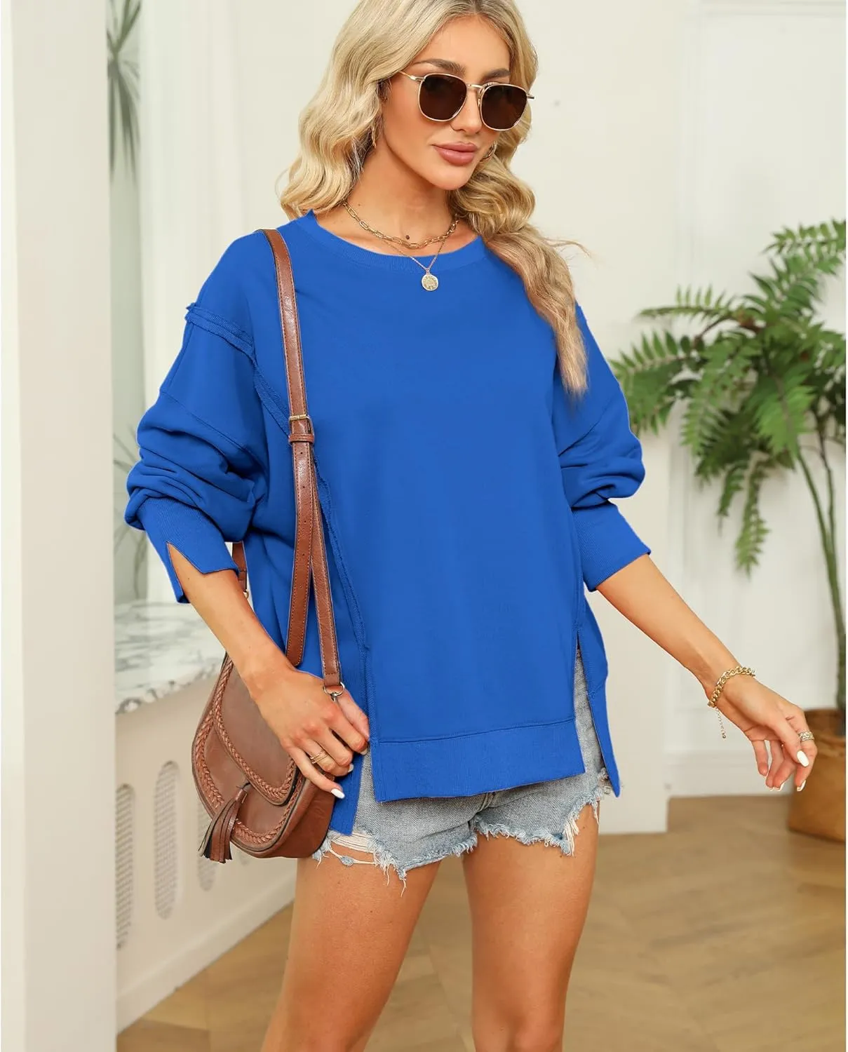 Hixiaohe Women's Oversized Crewneck Sweatshirts Casual Long Sleeve Side Split Pullover Tops Fall Slouchy Hoodie