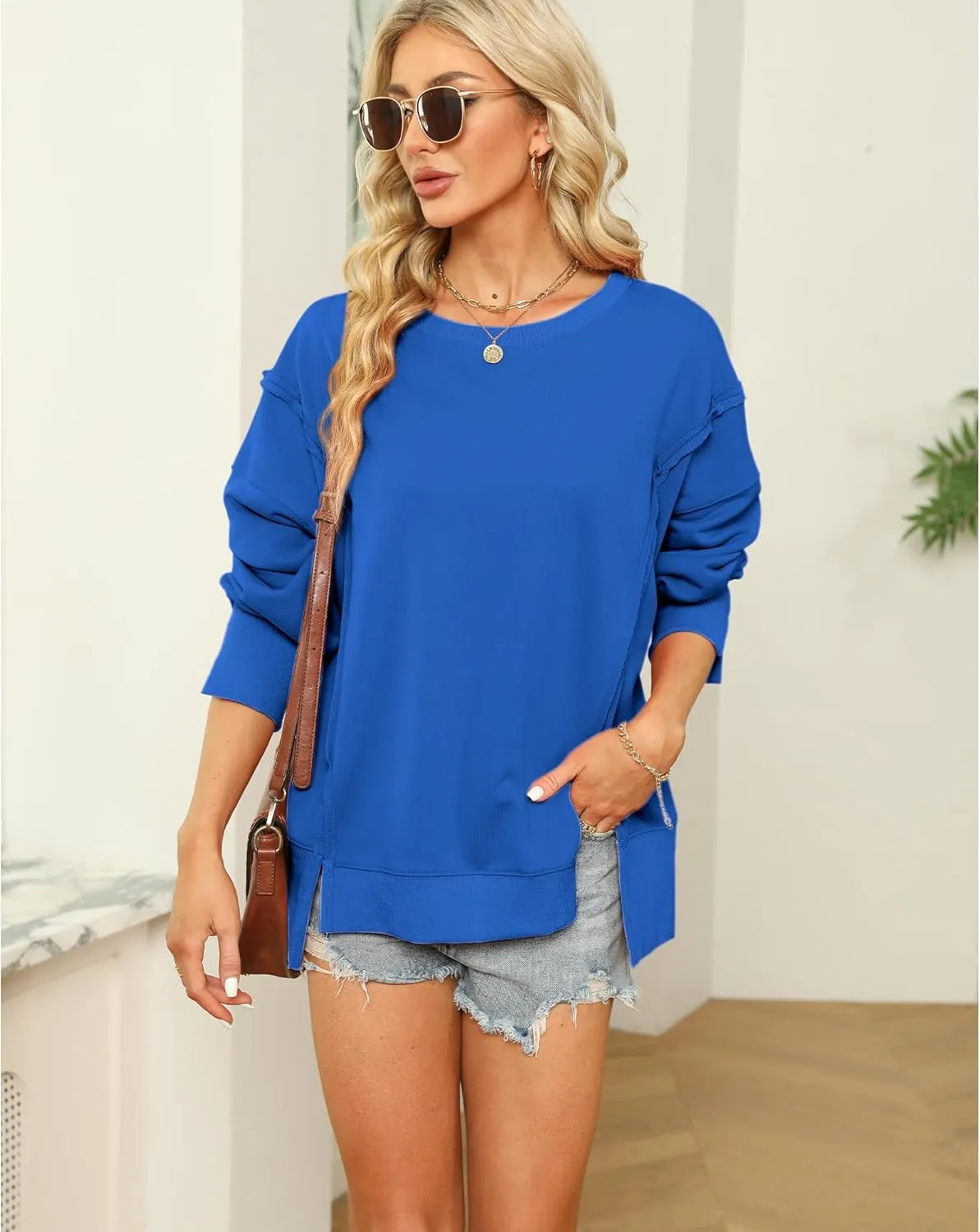 Hixiaohe Women's Oversized Crewneck Sweatshirts Casual Long Sleeve Side Split Pullover Tops Fall Slouchy Hoodie