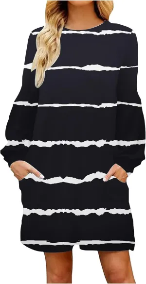 hlysgo Sweatshirt Dresses for Women 2024 Fall Casual Fleece Mini Dress Trendy Long Sleeve Striped Tunic Dress with Pockets