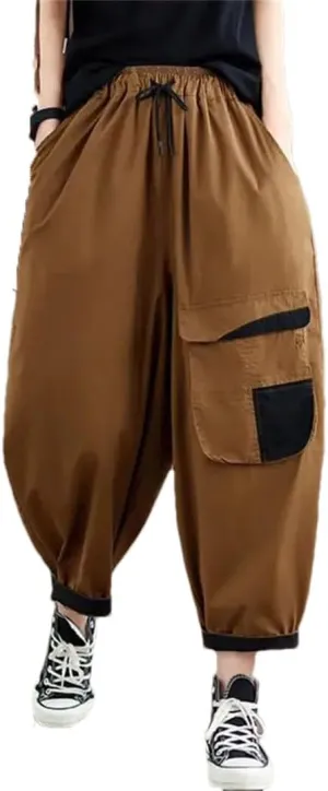 Hndudnff Women Patchwork Casual Harem Pants Streetwear Big Pocket Loose Ankle-Length Casual Pants