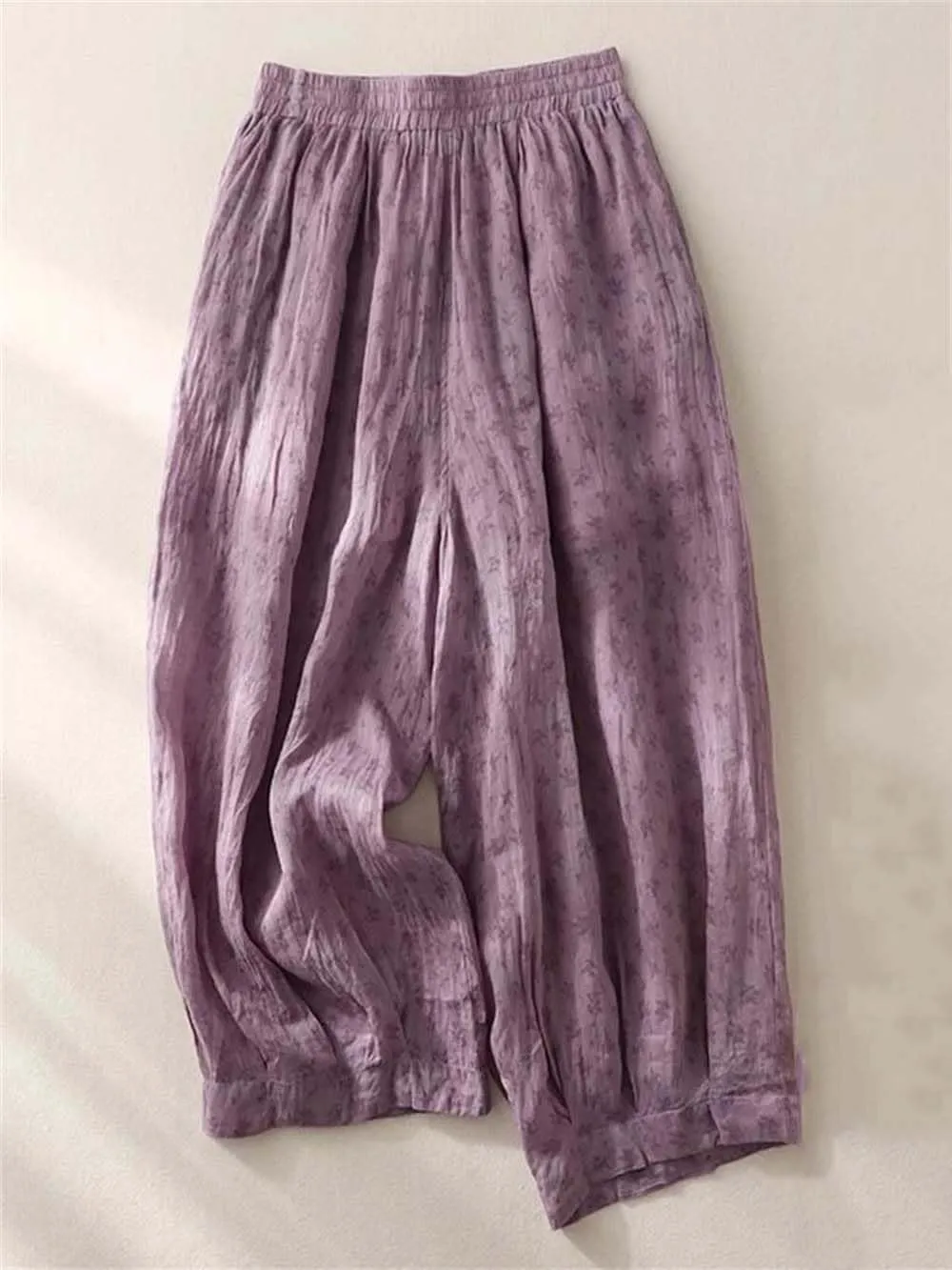 Hndudnff Women Summer Thin Cotton Linen Wide Leg Pants Casual Floral Print Elastic Waist Harem Trousers