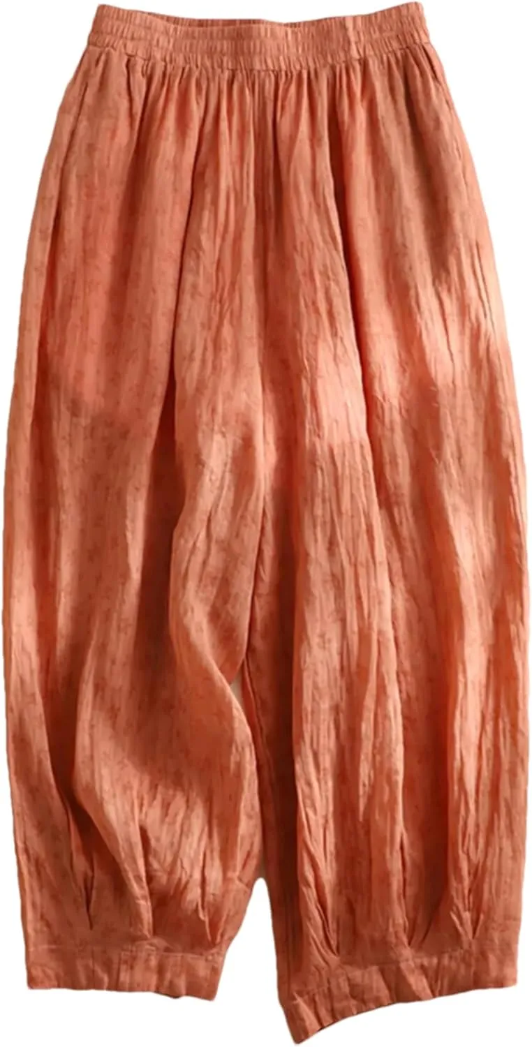 Hndudnff Women Summer Thin Cotton Linen Wide Leg Pants Casual Floral Print Elastic Waist Harem Trousers