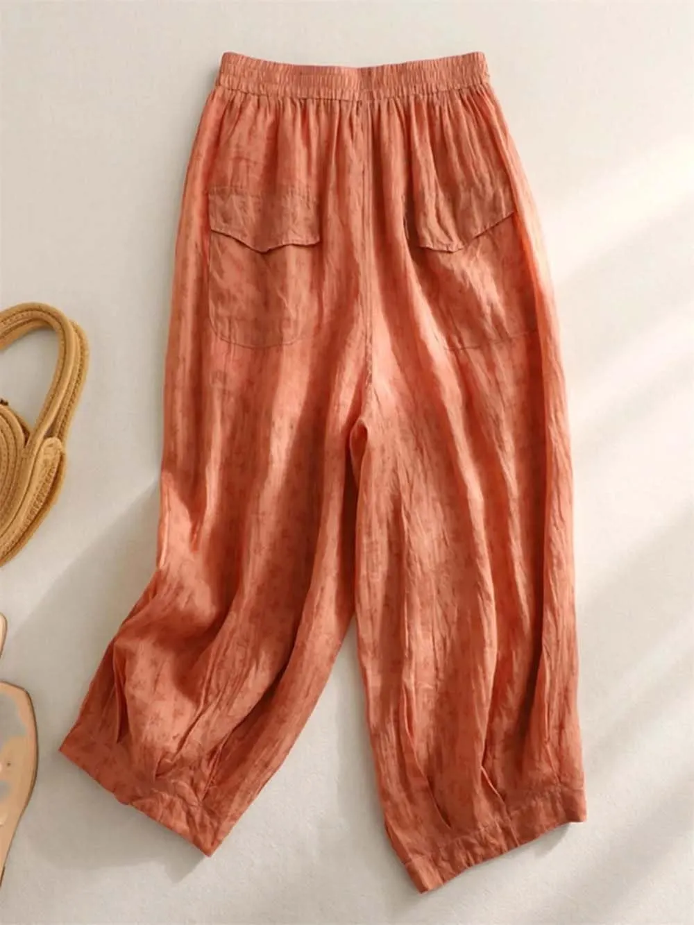 Hndudnff Women Summer Thin Cotton Linen Wide Leg Pants Casual Floral Print Elastic Waist Harem Trousers