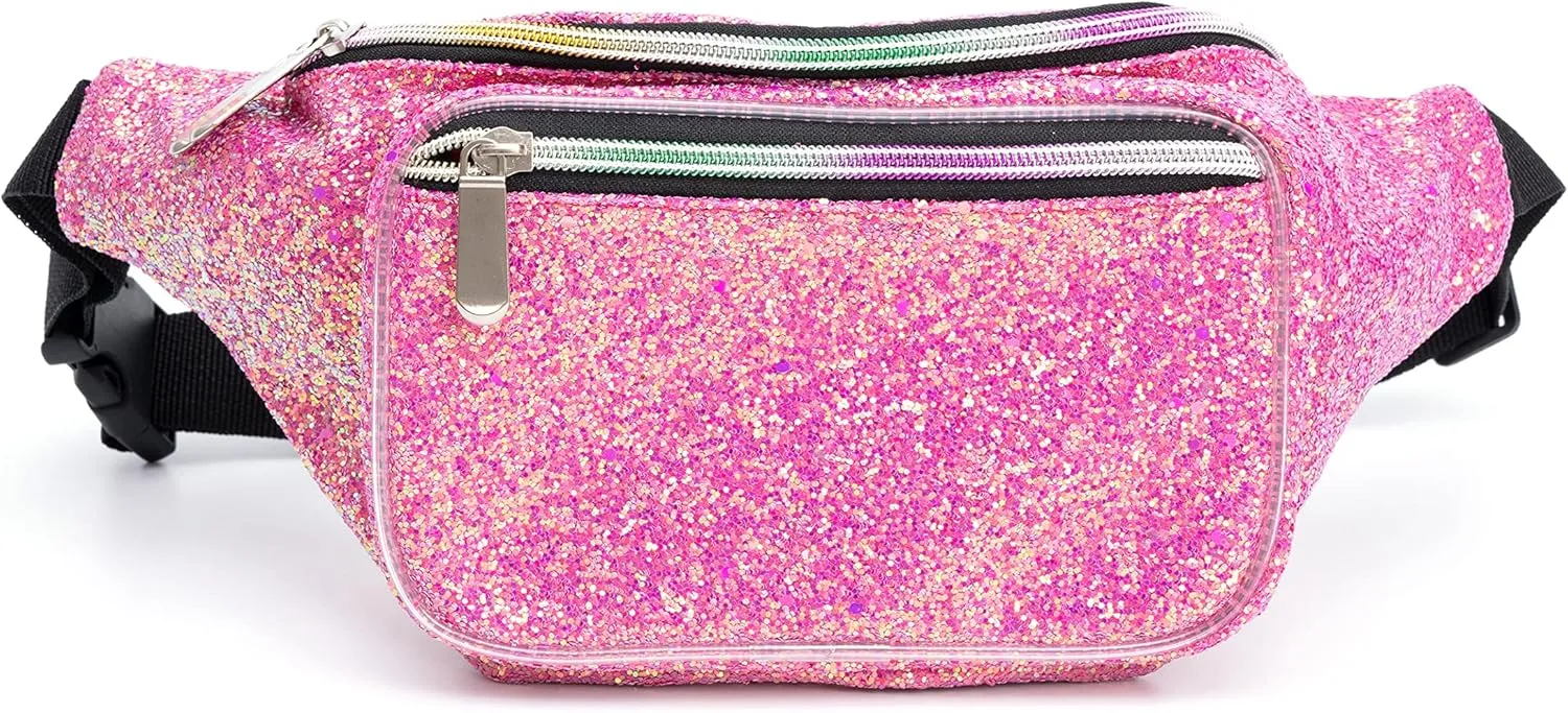 Holographic Rave Pink Purple Gravel Glitter Fanny Pack For Women Grils Festival Waist Belt Bags -Pink Purple Gravel