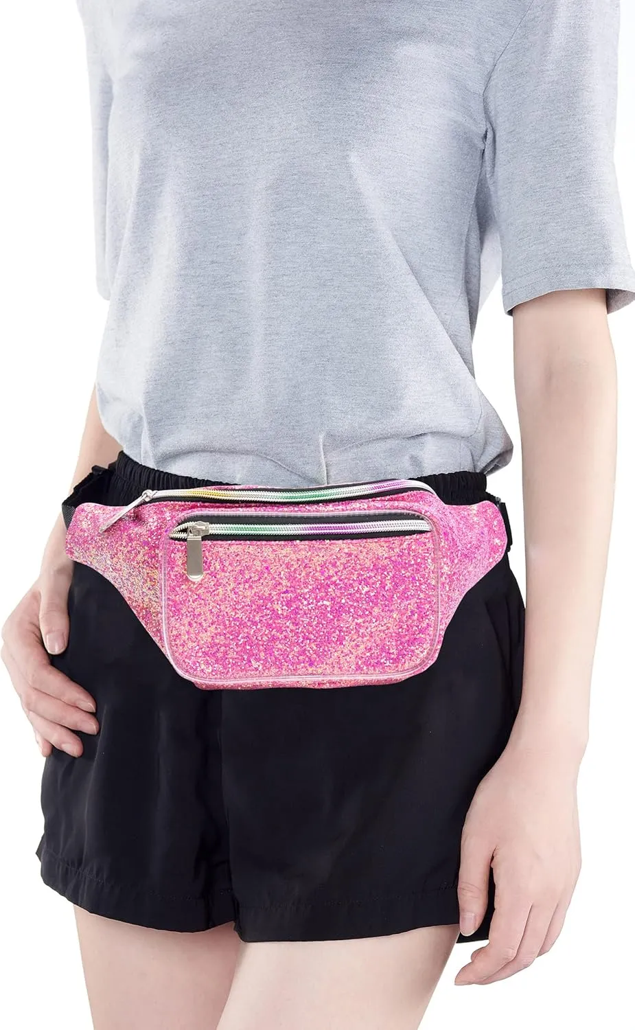 Holographic Rave Pink Purple Gravel Glitter Fanny Pack For Women Grils Festival Waist Belt Bags -Pink Purple Gravel