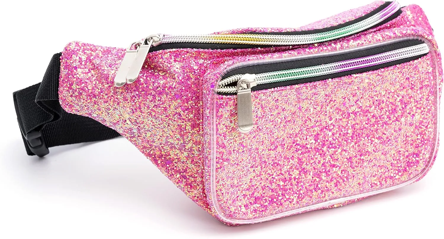 Holographic Rave Pink Purple Gravel Glitter Fanny Pack For Women Grils Festival Waist Belt Bags -Pink Purple Gravel