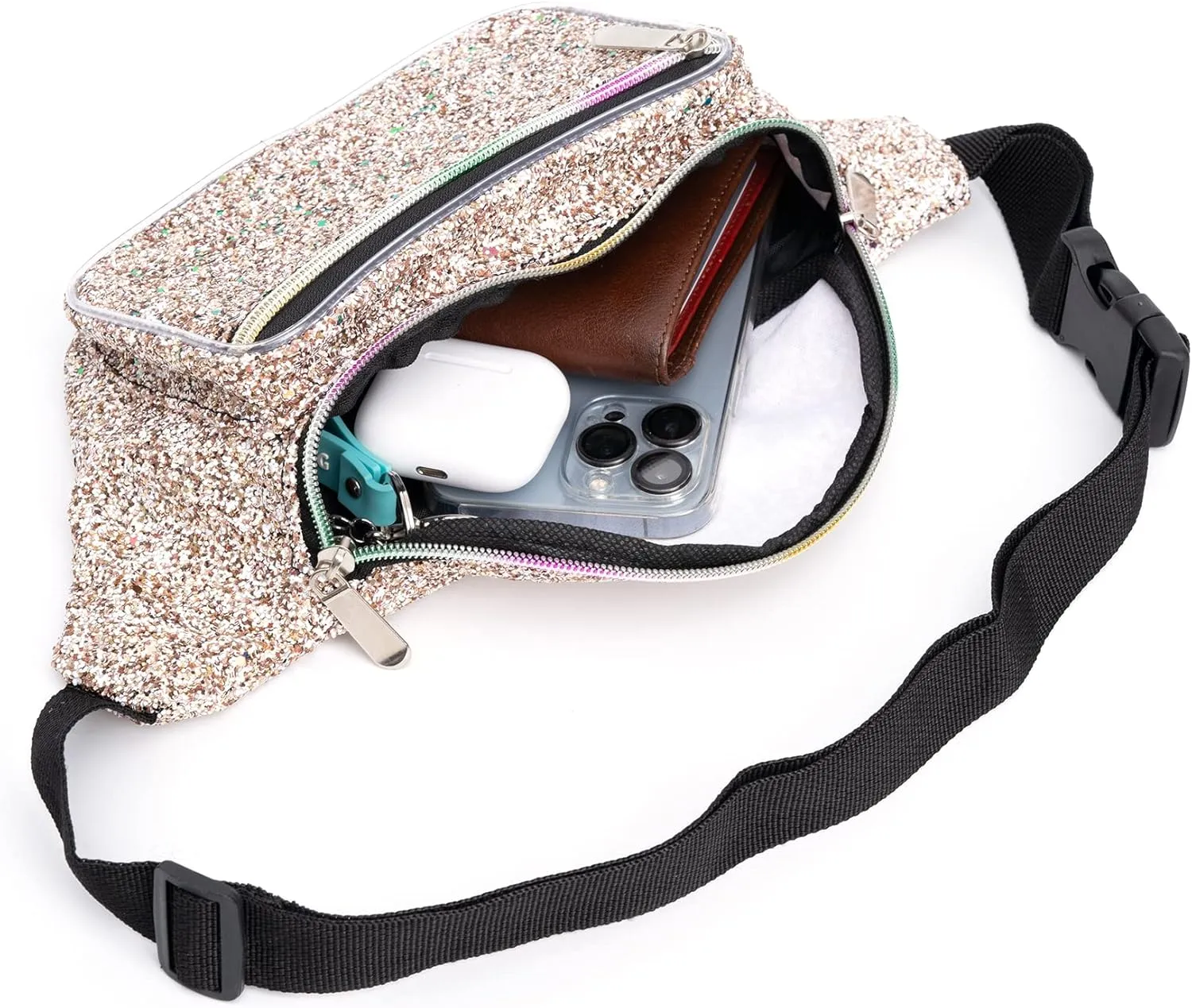 Holographic Rave White Gold Gravel Glitter Fanny Pack For Women Grils Festival Waist Belt Bags -White Gold Gravel