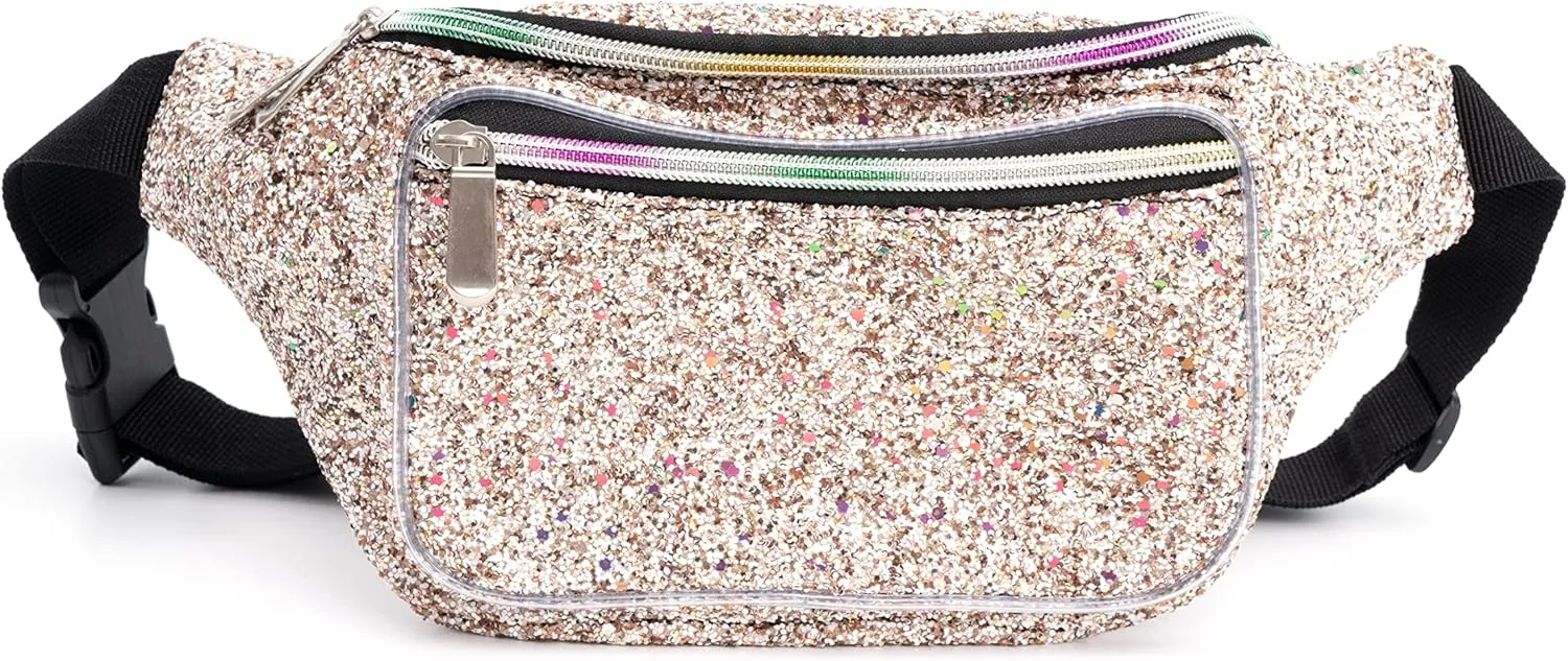 Holographic Rave White Gold Gravel Glitter Fanny Pack For Women Grils Festival Waist Belt Bags -White Gold Gravel