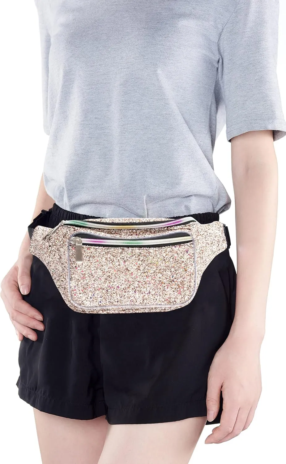 Holographic Rave White Gold Gravel Glitter Fanny Pack For Women Grils Festival Waist Belt Bags -White Gold Gravel