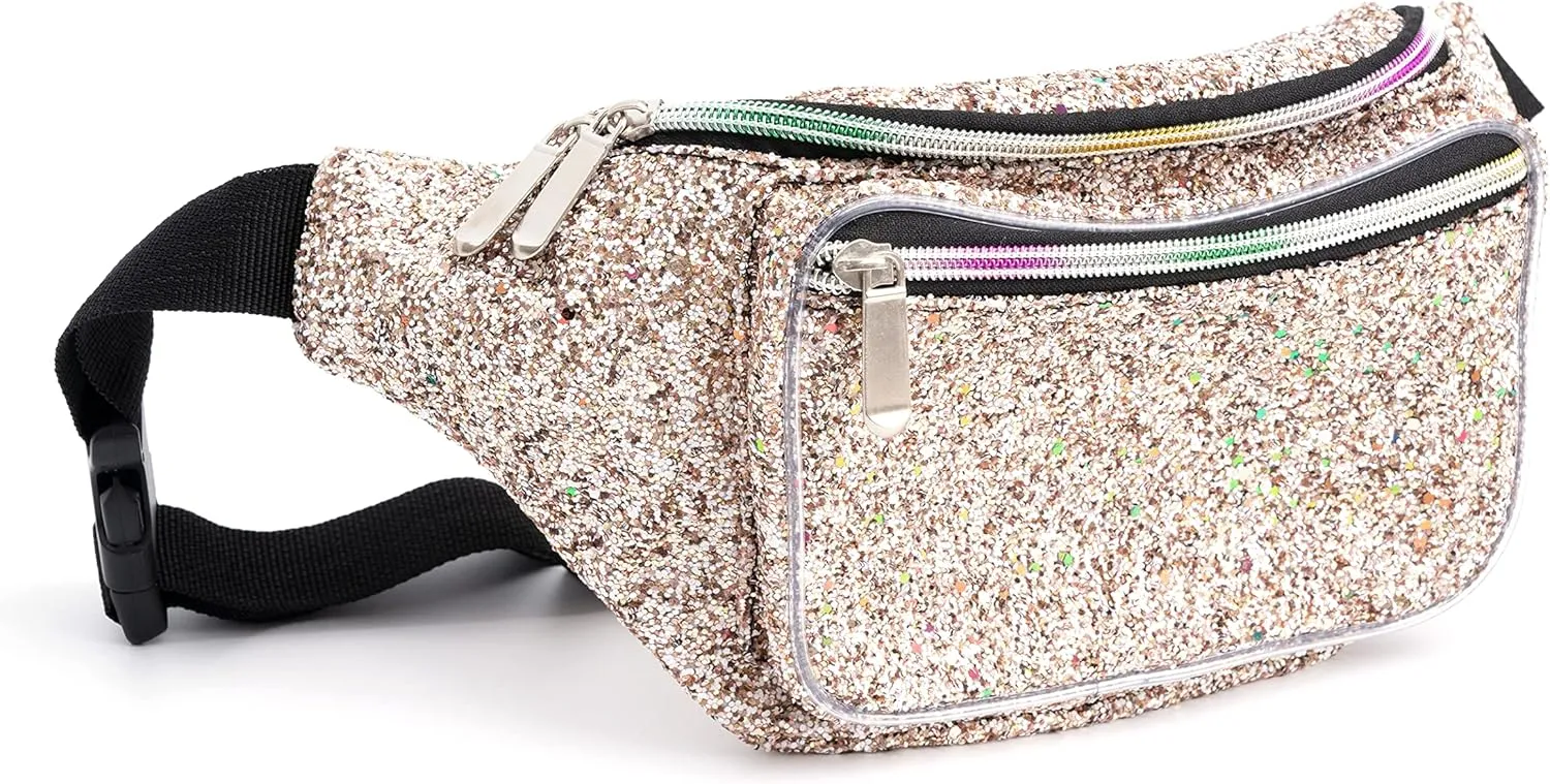 Holographic Rave White Gold Gravel Glitter Fanny Pack For Women Grils Festival Waist Belt Bags -White Gold Gravel