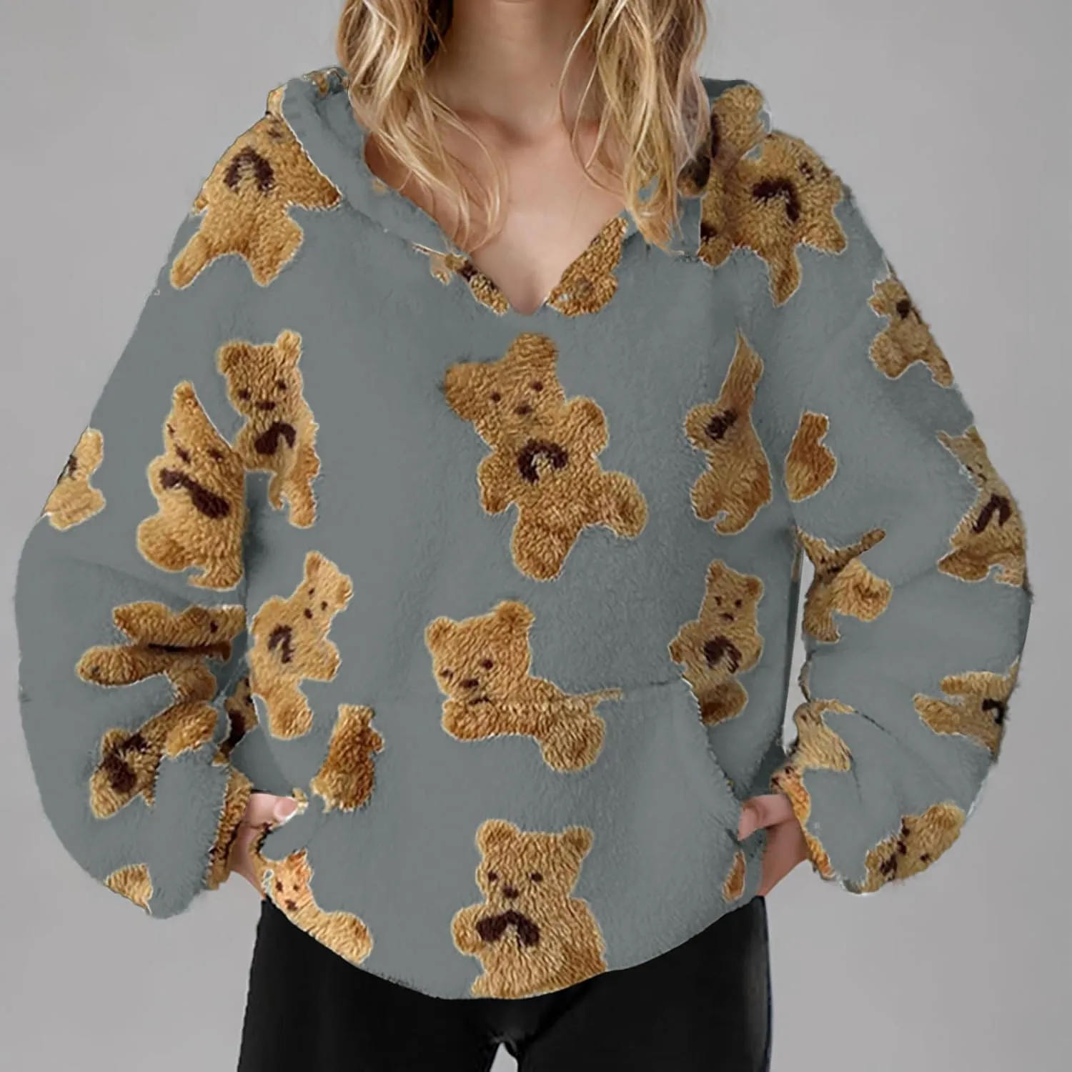 Hoodies For Teen Girls Oversized Sherpa Hoodie Women Fuzzy Fleece Hooded Sweatshirt Cute Teddy Bear Print Pullover Tops