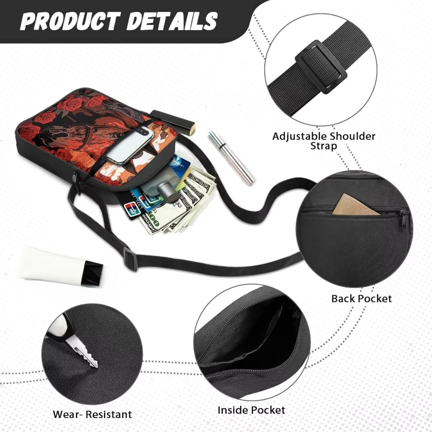 Horse Print Small Messenger Bag Waterproof Crossbody Shoulder Bags for Women Men