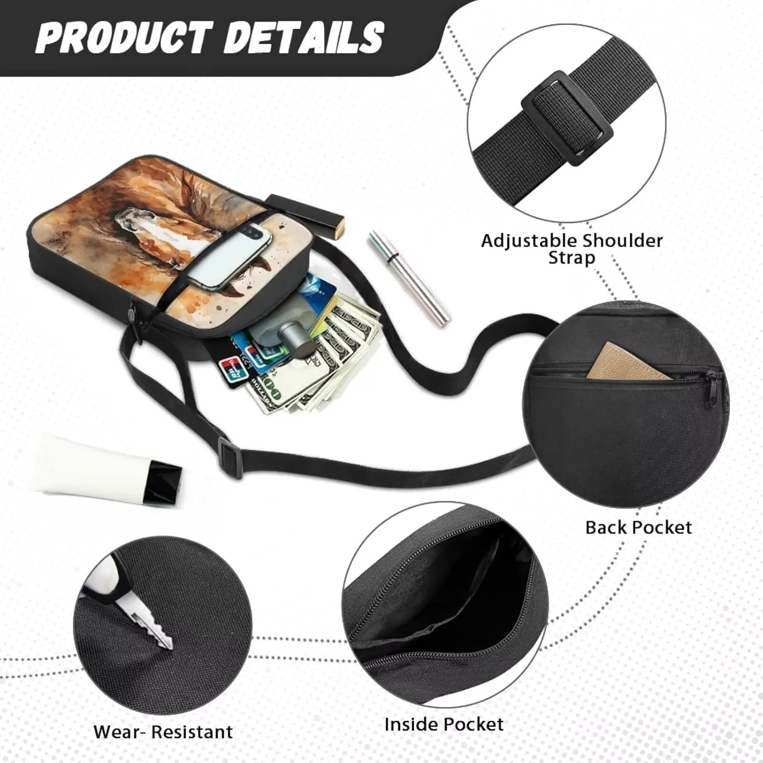 Horse Print Small Messenger Bag Waterproof Crossbody Shoulder Bags for Women Men