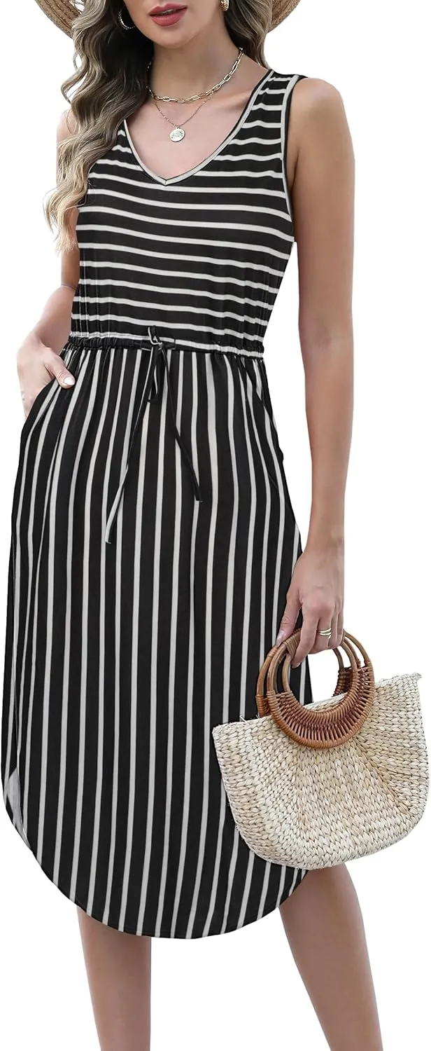 Hount Womens V Neck Sleeveless Casual T Shirt Dress Summer Midi Dress with Pockets