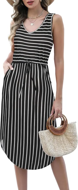 Hount Womens V Neck Sleeveless Casual T Shirt Dress Summer Midi Dress with Pockets