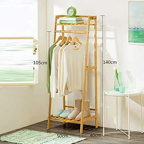 House of Quirk Bamboo Coat Clothes Hanging Rack with Top Shelf and Shoe Clothing Storage Organizer Shelves((140x50cm)) DIY Rack
