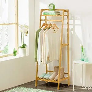 House of Quirk Bamboo Coat Clothes Hanging Rack with Top Shelf and Shoe Clothing Storage Organizer Shelves((140x50cm)) DIY Rack