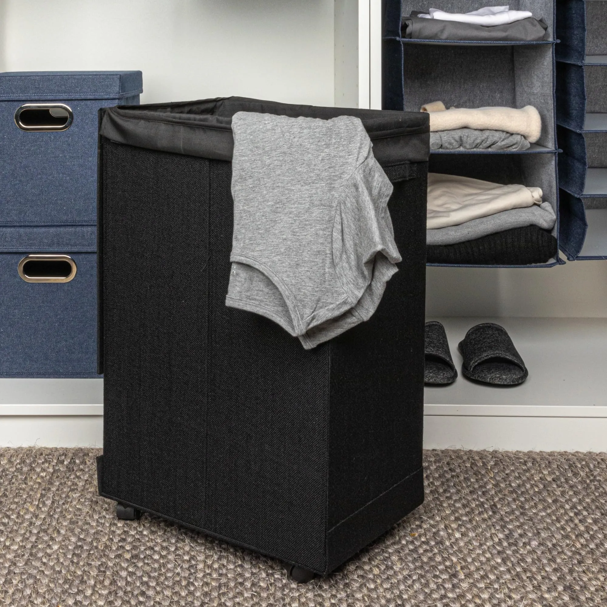 Household Essentials Narrow Collapsible Laundry Hamper with Liner and Lid, Black HE1059