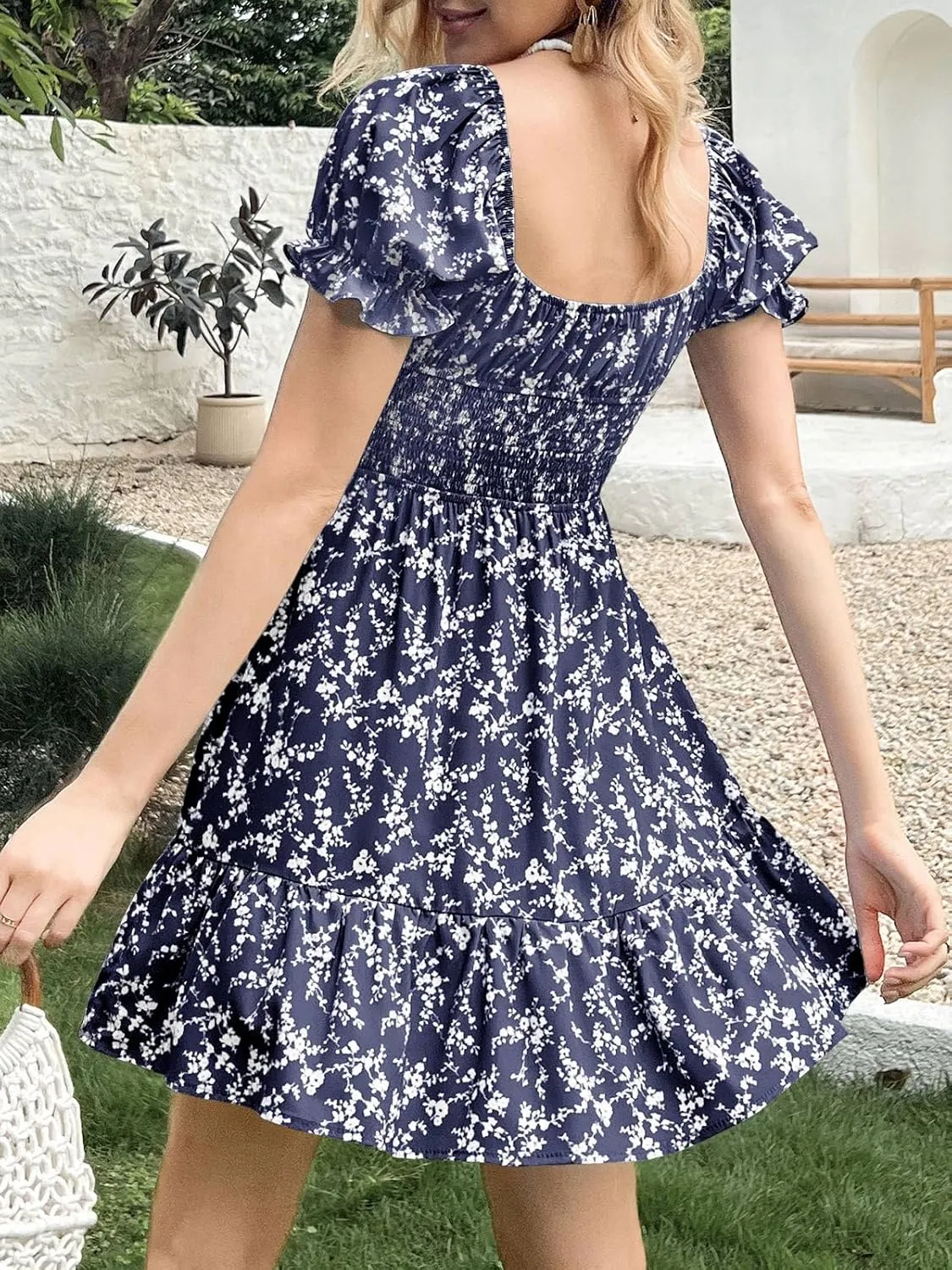 Imily Bela Womens Summer Dress Ruffle Sleeve Sqaure Neck Smocked Sun Dress Casual Boho Beach Floral Mini Dress