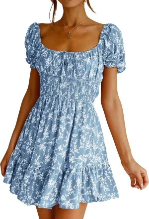 Imily Bela Womens Summer Dress Ruffle Sleeve Sqaure Neck Smocked Sun Dress Casual Boho Beach Floral Mini Dress