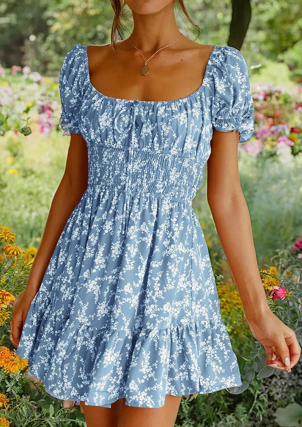 Imily Bela Womens Summer Dress Ruffle Sleeve Sqaure Neck Smocked Sun Dress Casual Boho Beach Floral Mini Dress