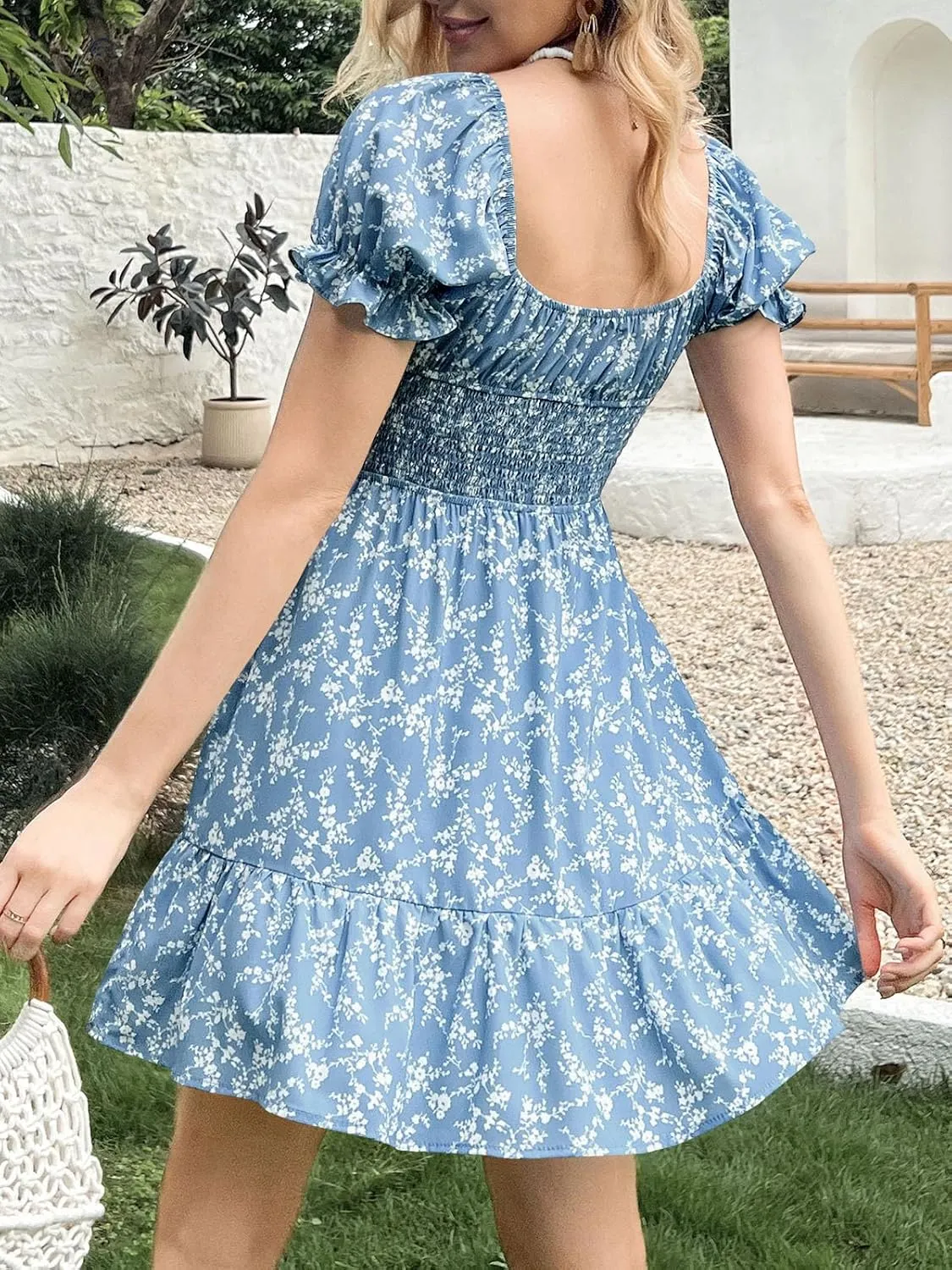 Imily Bela Womens Summer Dress Ruffle Sleeve Sqaure Neck Smocked Sun Dress Casual Boho Beach Floral Mini Dress
