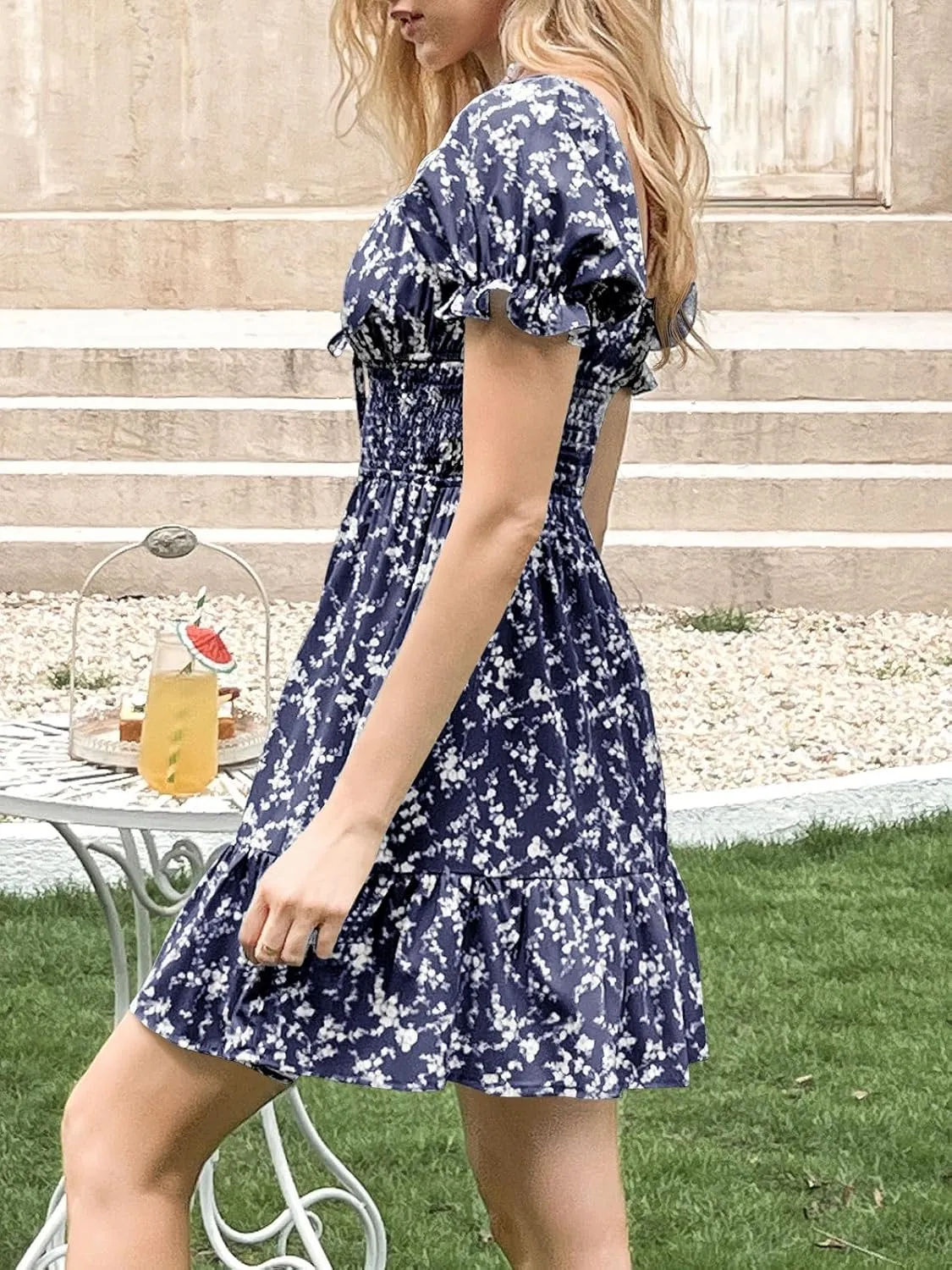 Imily Bela Womens Summer Dress Ruffle Sleeve Sqaure Neck Smocked Sun Dress Casual Boho Beach Floral Mini Dress