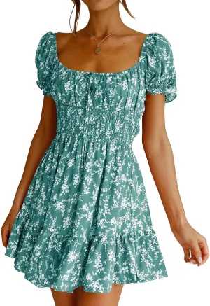 Imily Bela Womens Summer Dress Ruffle Sleeve Sqaure Neck Smocked Sun Dress Casual Boho Beach Floral Mini Dress