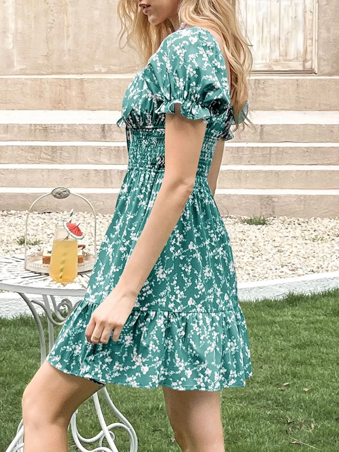 Imily Bela Womens Summer Dress Ruffle Sleeve Sqaure Neck Smocked Sun Dress Casual Boho Beach Floral Mini Dress
