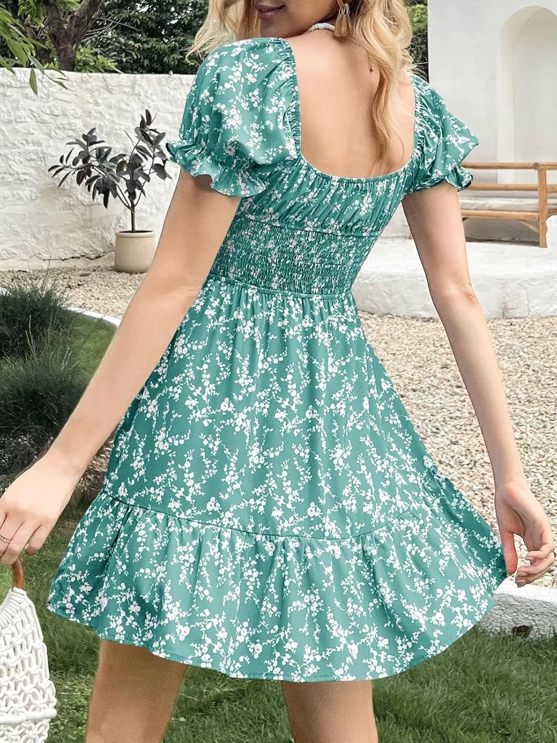 Imily Bela Womens Summer Dress Ruffle Sleeve Sqaure Neck Smocked Sun Dress Casual Boho Beach Floral Mini Dress