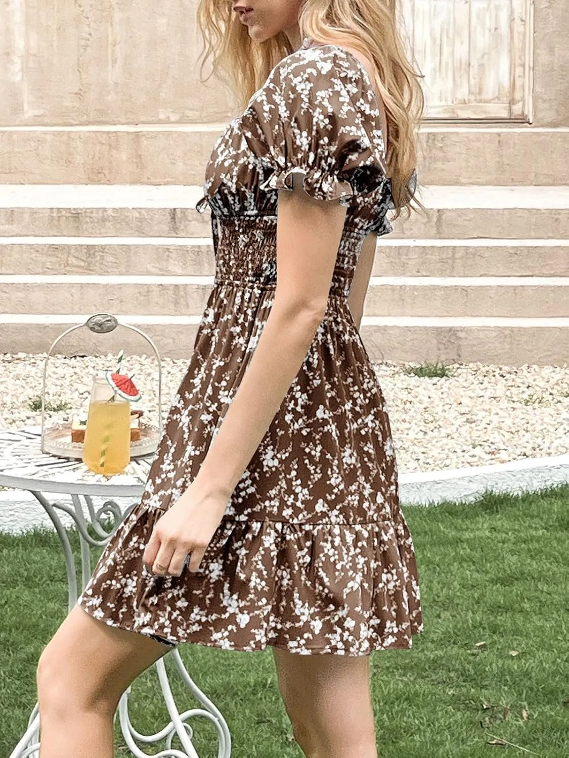 Imily Bela Womens Summer Dress Ruffle Sleeve Sqaure Neck Smocked Sun Dress Casual Boho Beach Floral Mini Dress
