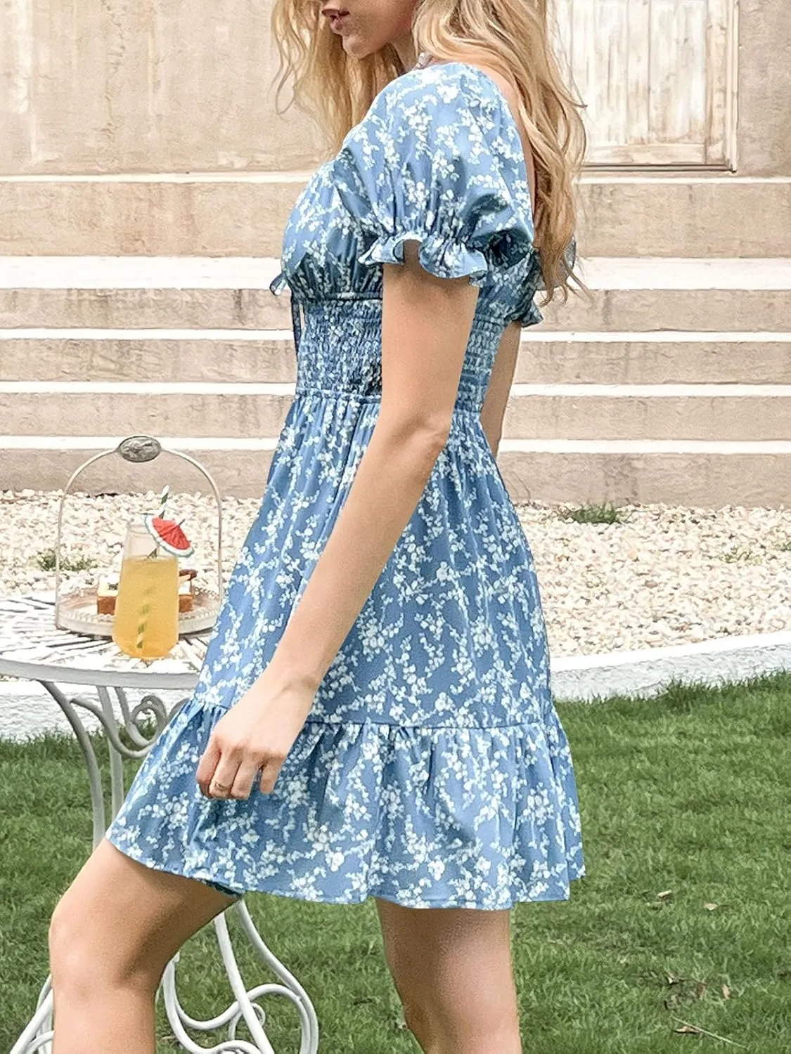 Imily Bela Womens Summer Dress Ruffle Sleeve Sqaure Neck Smocked Sun Dress Casual Boho Beach Floral Mini Dress