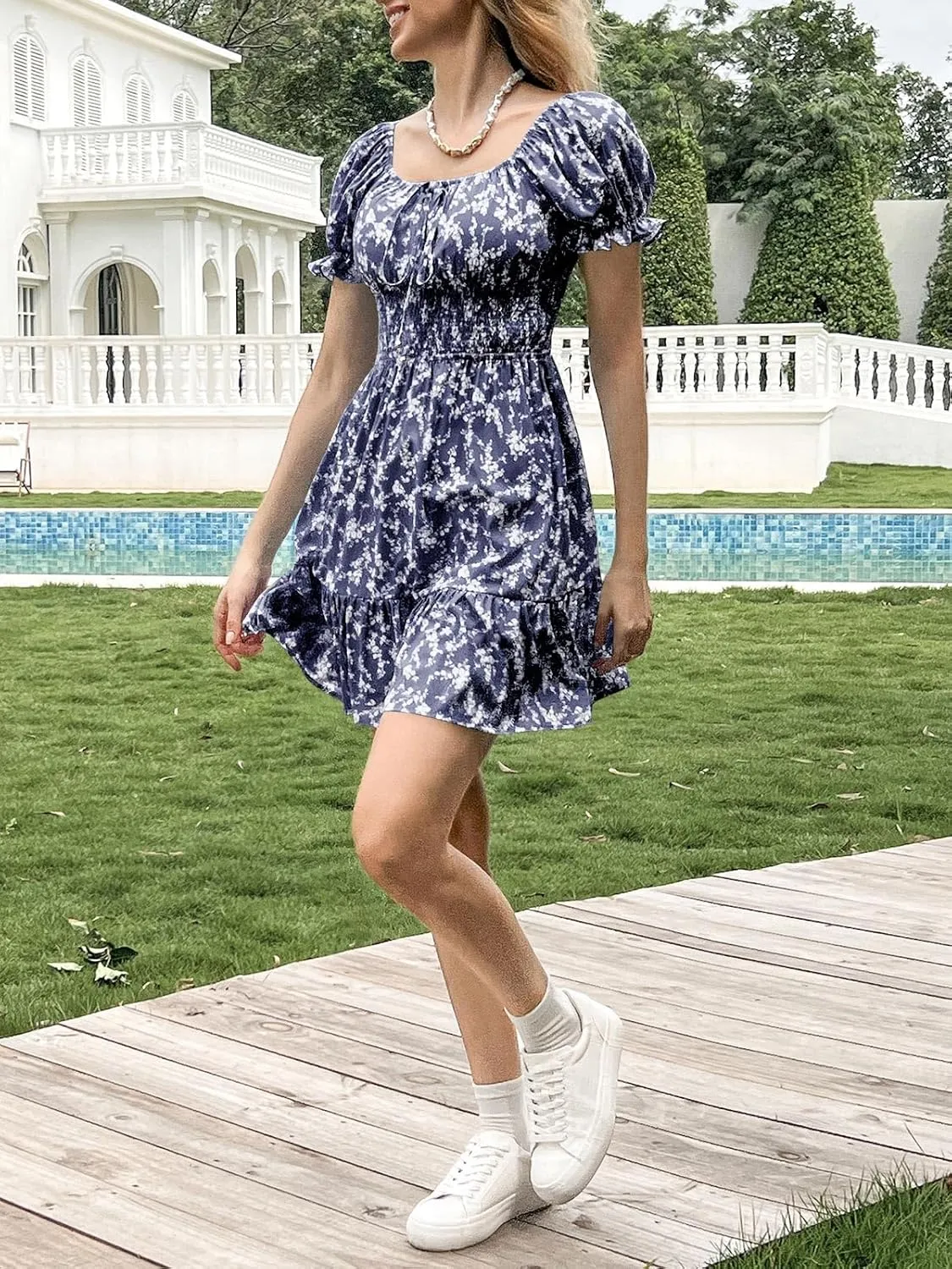 Imily Bela Womens Summer Dress Ruffle Sleeve Sqaure Neck Smocked Sun Dress Casual Boho Beach Floral Mini Dress