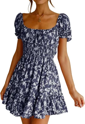 Imily Bela Womens Summer Dress Ruffle Sleeve Sqaure Neck Smocked Sun Dress Casual Boho Beach Floral Mini Dress