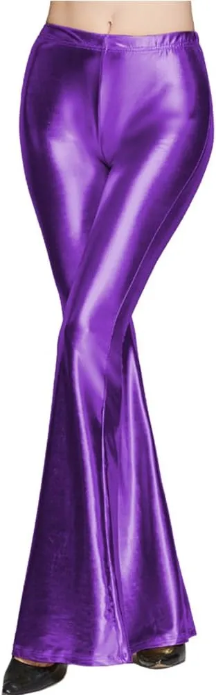 IWEMEK Women Shiny Metallic Bell Bottom Bootcut Palazzo Leggings 70s Disco Wide Leg Pants High Waist Dance Yoga Trousers