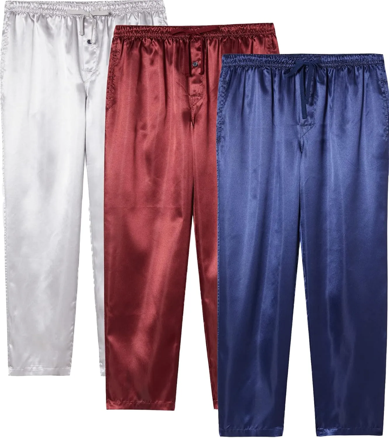 JupiterSecret Mens Satin Pajama Pants Set, Silky Feeling Sleep & Lounge Pants, PJ Bottoms with Pockets and Button Fly 3 Pack