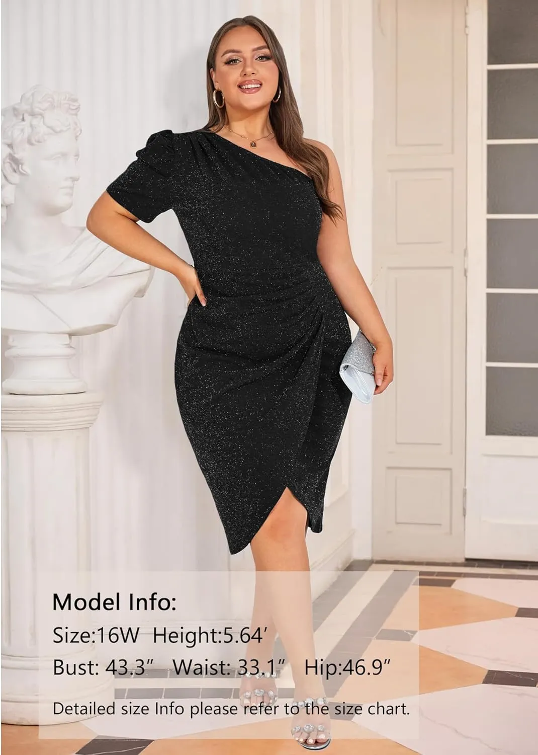 KIMCURVY Plus Size Women One Shoulder Ruched Wrap Cocktail Party Glitter Midi Dress