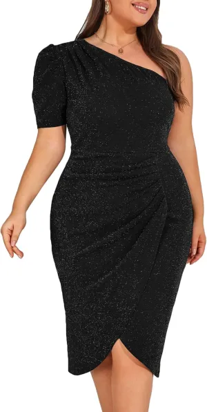 KIMCURVY Plus Size Women One Shoulder Ruched Wrap Cocktail Party Glitter Midi Dress