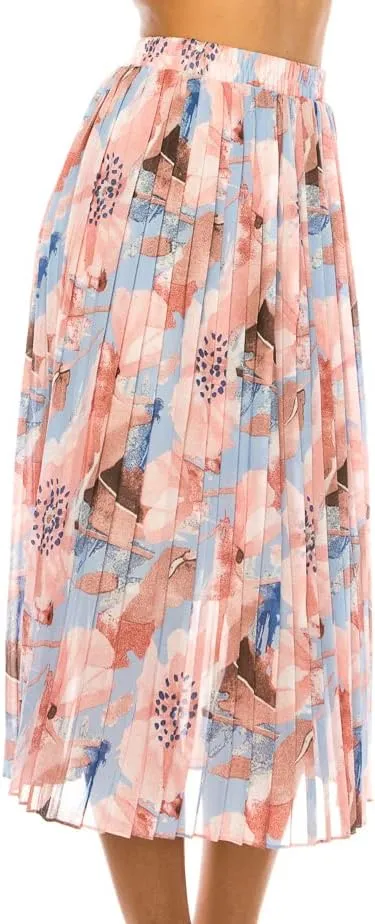 LA12ST Women Pleated A-Line High Waist Swing Flare Midi Skirt