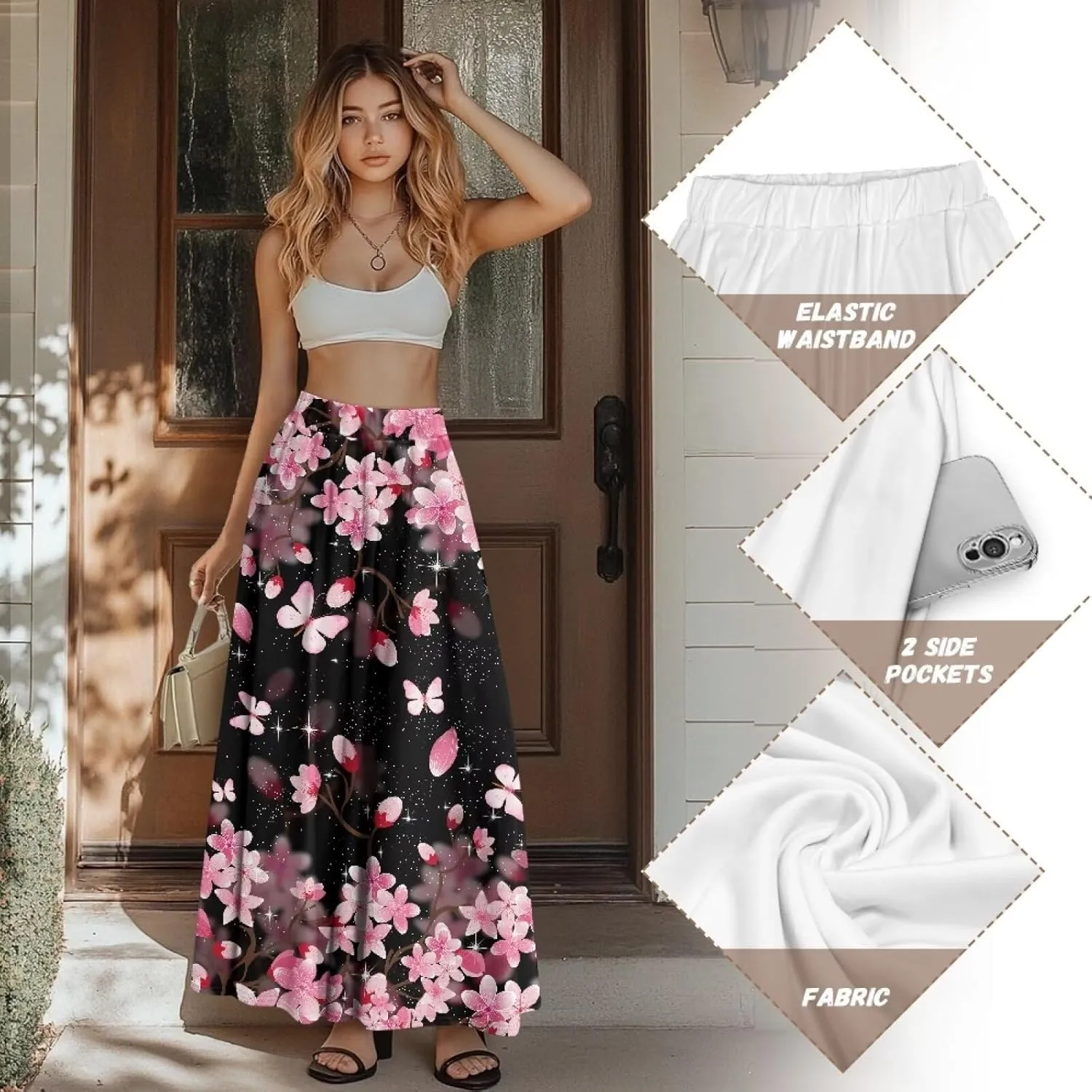 Ladies Pleated Summer Fall Skirts A Line Maxi Skirts Elegant Midi Length Skirts Lightweight Below The Knee Skirts