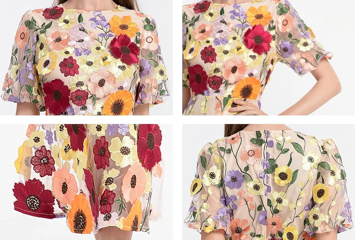 LAI MENG FIVE CATS Women's 3D Floral Short Sleeves Crew Neck Fishtail Mesh Embroidery Party Cocktail Maxi Dress