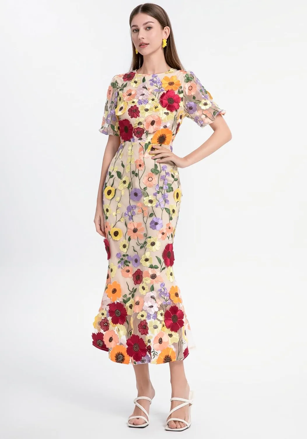 LAI MENG FIVE CATS Women's 3D Floral Short Sleeves Crew Neck Fishtail Mesh Embroidery Party Cocktail Maxi Dress