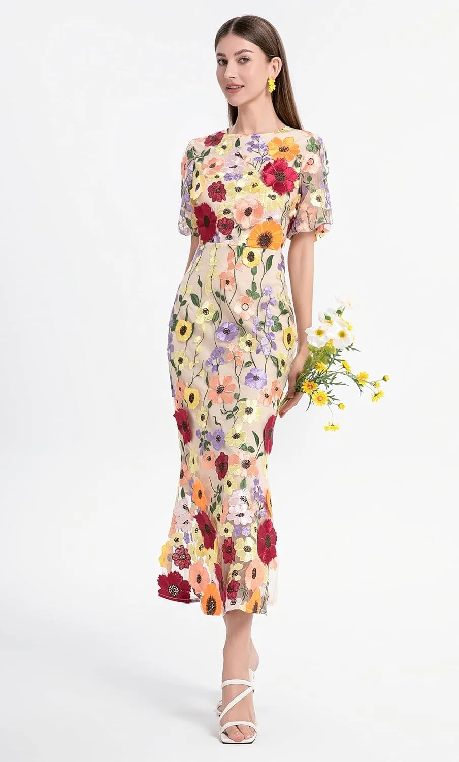 LAI MENG FIVE CATS Women's 3D Floral Short Sleeves Crew Neck Fishtail Mesh Embroidery Party Cocktail Maxi Dress