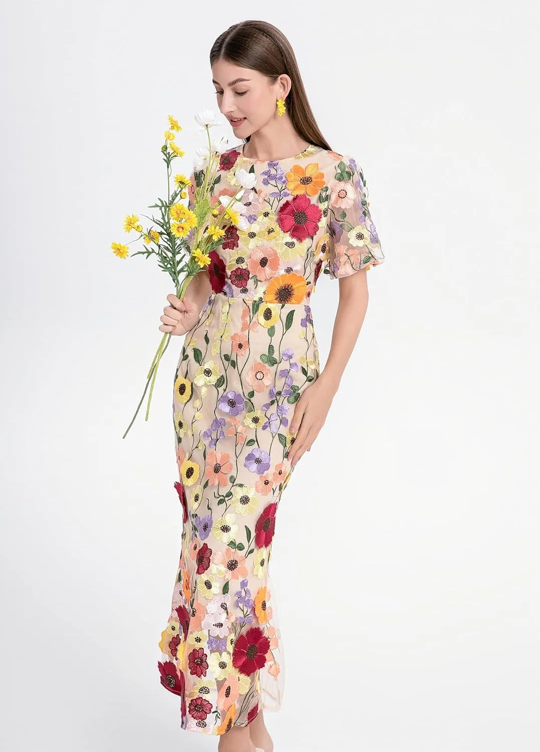 LAI MENG FIVE CATS Women's 3D Floral Short Sleeves Crew Neck Fishtail Mesh Embroidery Party Cocktail Maxi Dress