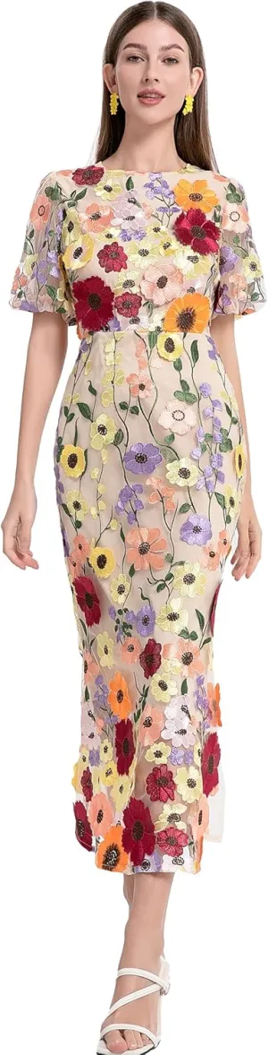 LAI MENG FIVE CATS Women's 3D Floral Short Sleeves Crew Neck Fishtail Mesh Embroidery Party Cocktail Maxi Dress