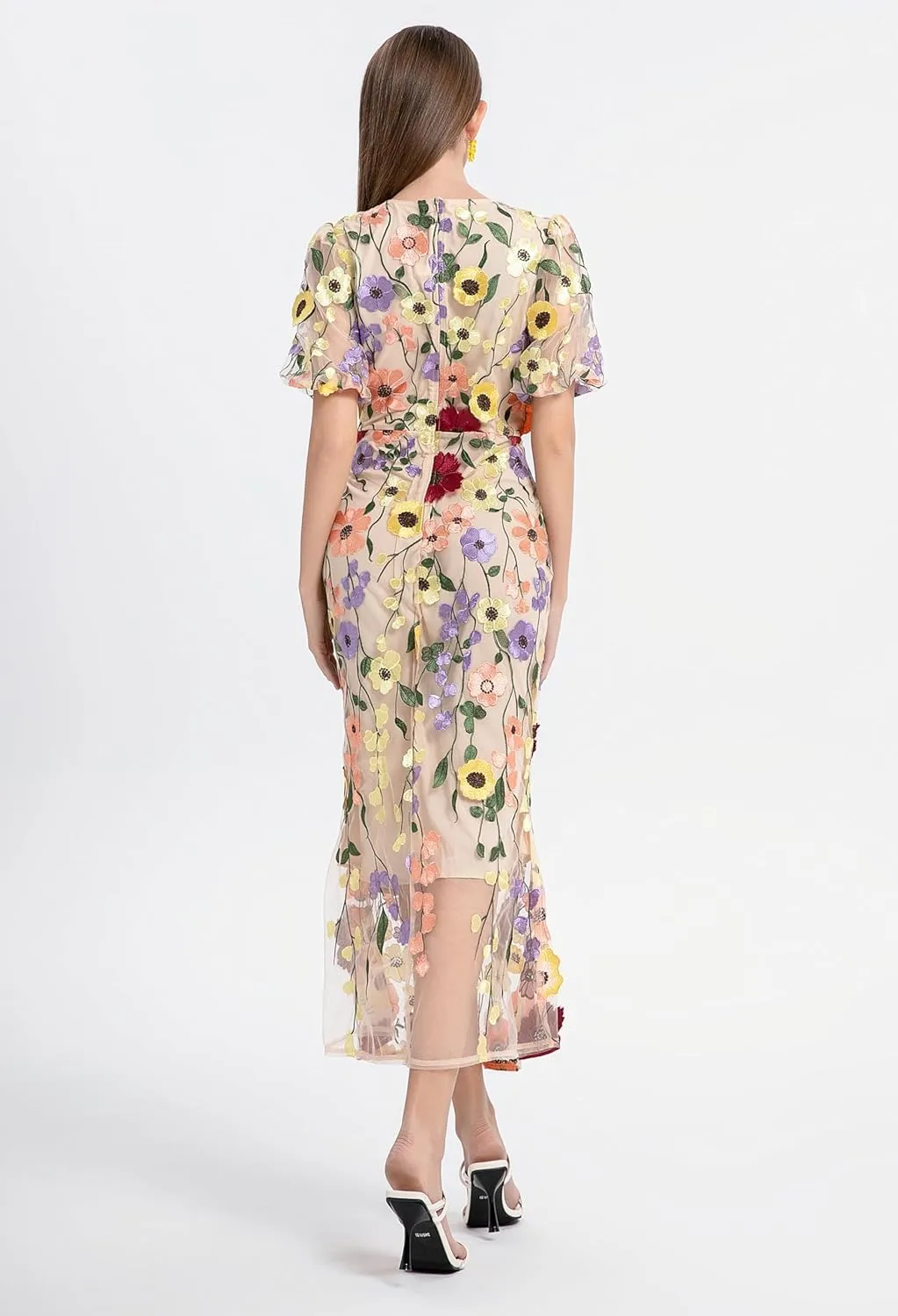 LAI MENG FIVE CATS Women's 3D Floral Short Sleeves Crew Neck Fishtail Mesh Embroidery Party Cocktail Maxi Dress